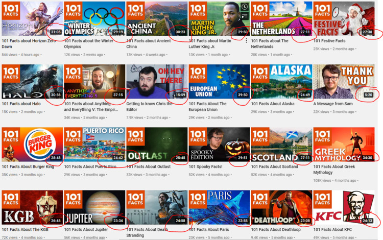 YouTube 101Facts channel video durations YouTube 101Facts channel video durations