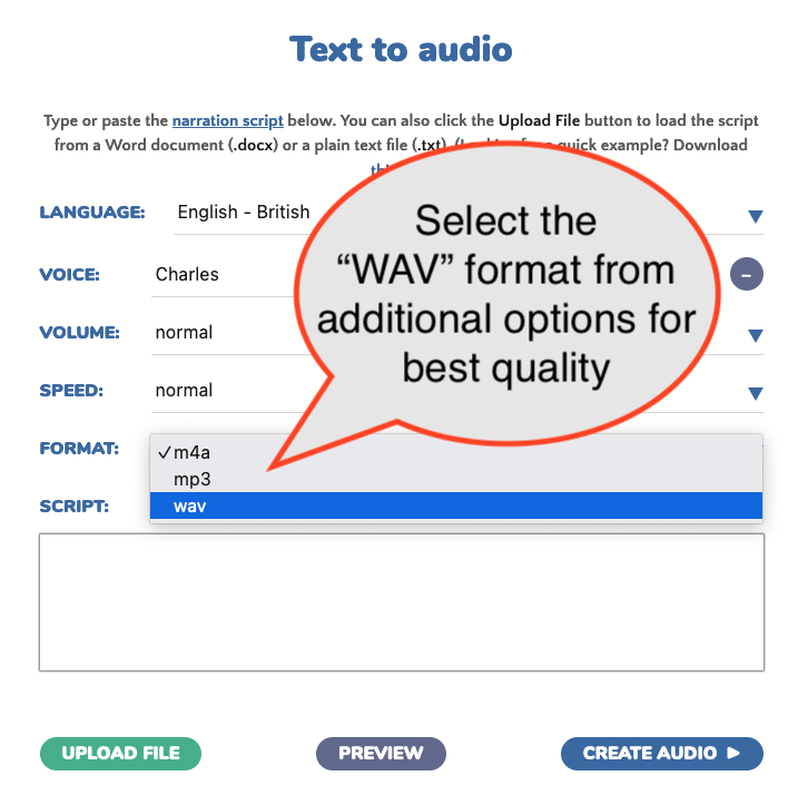 Create WAV text to speech files Create WAV text to speech files