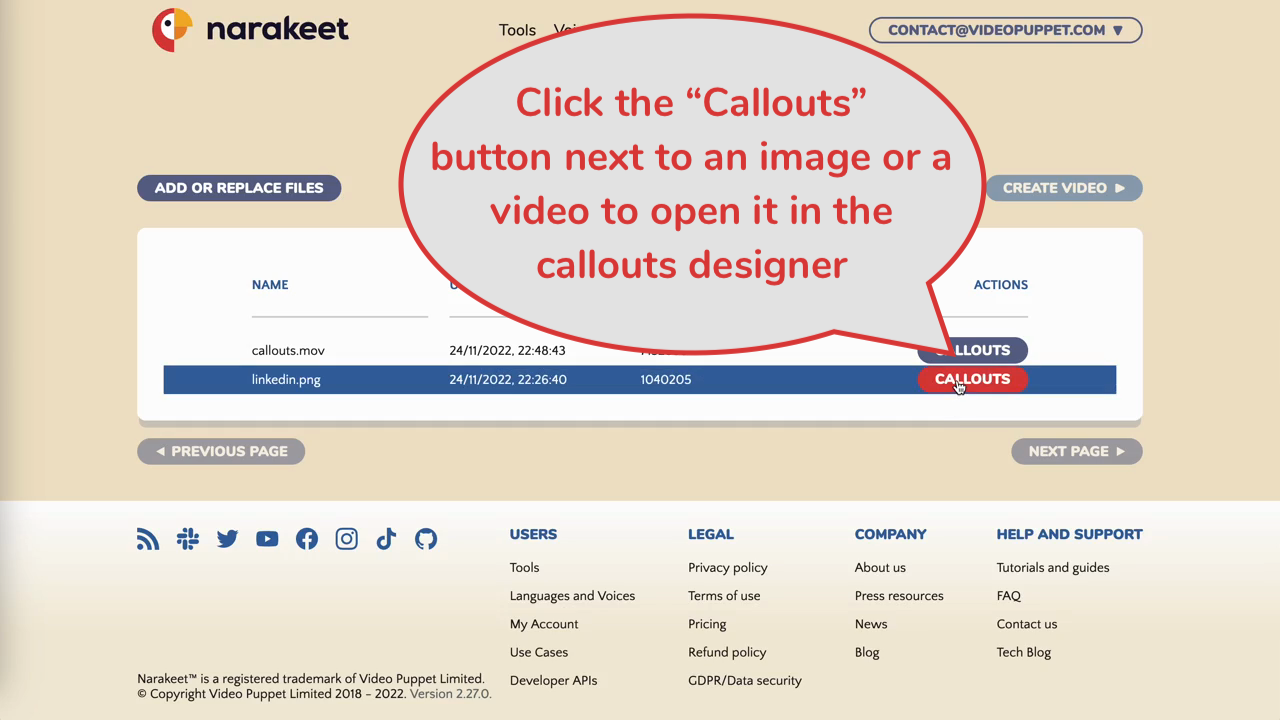 Narakeet project file images and videos have a callouts button Narakeet project file images and videos have a callouts button