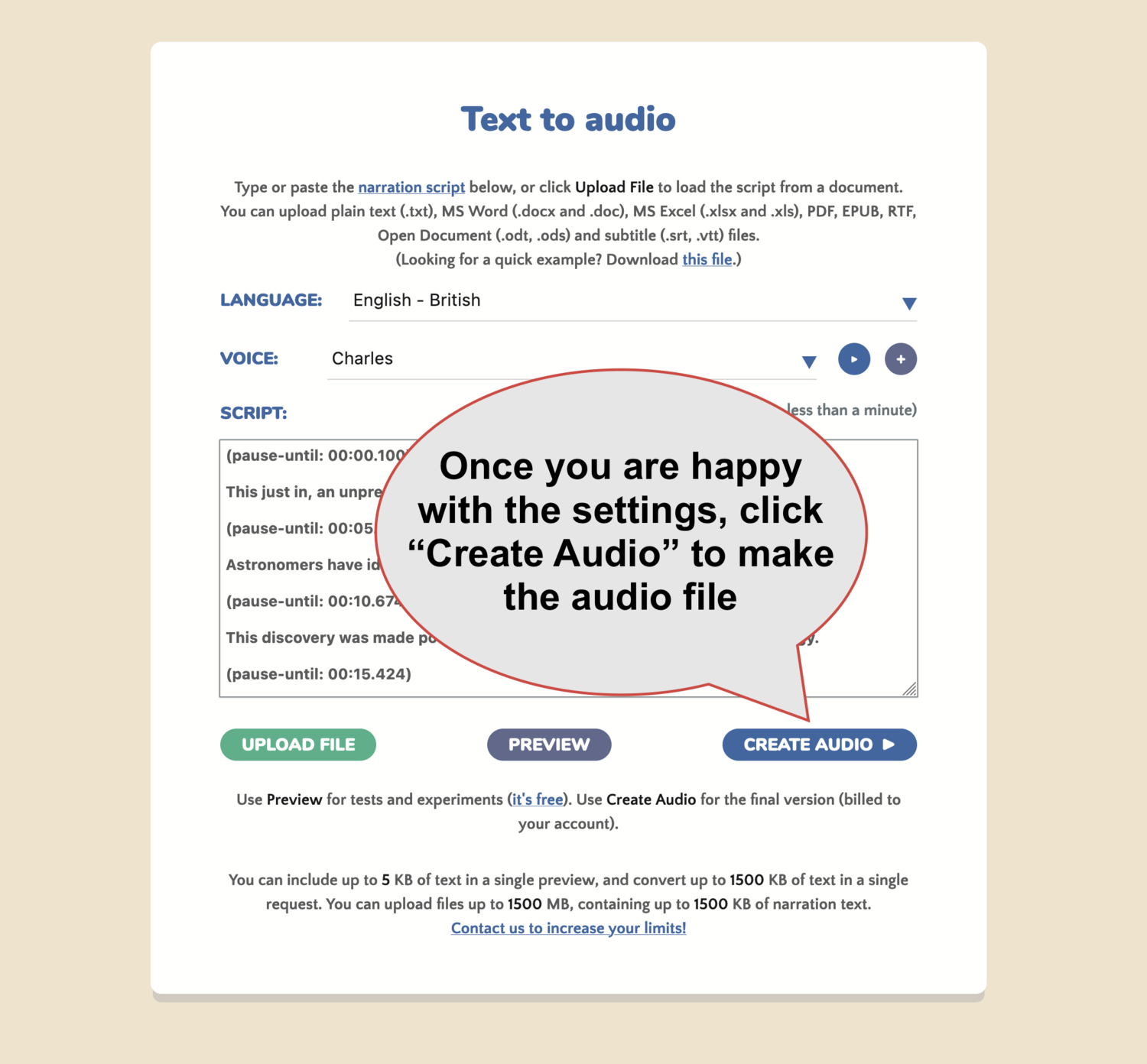 Click Create Audio to turn text to speech Click Create Audio to turn text to speech