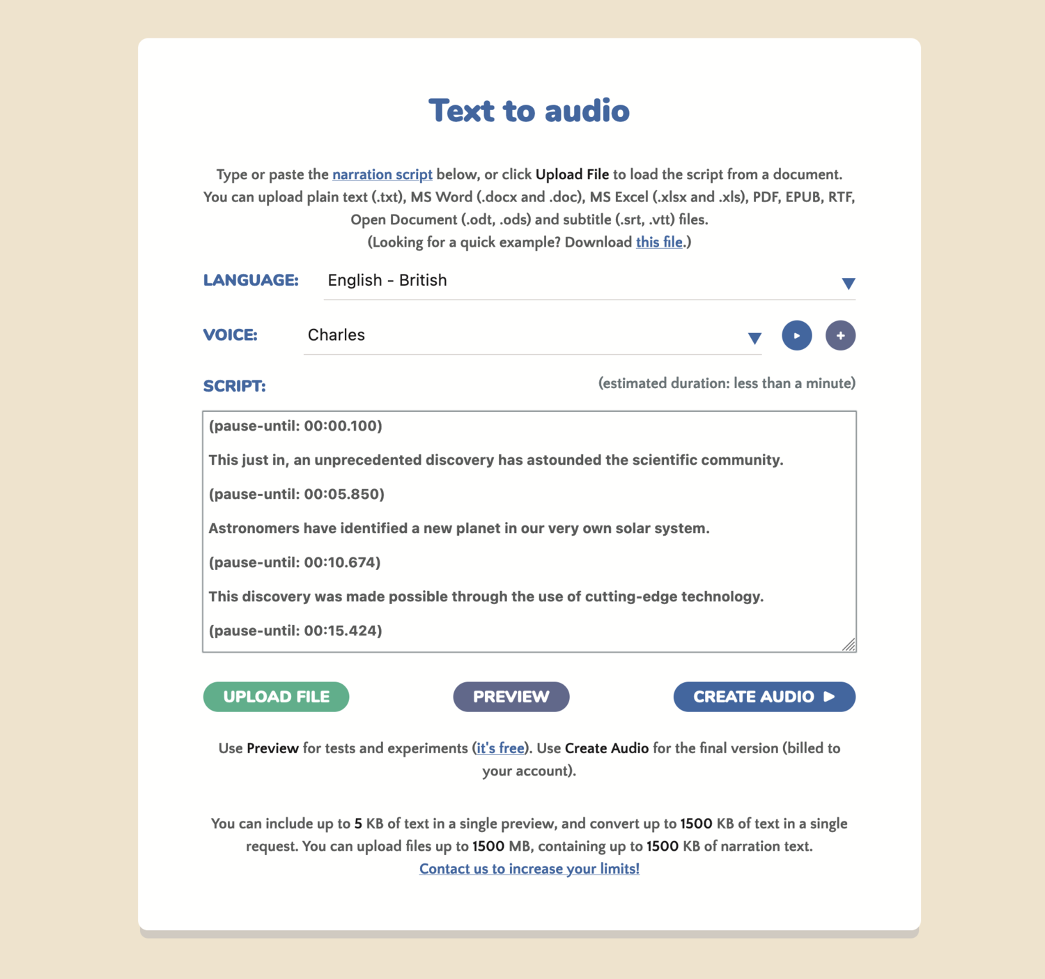 Narakeet will show the converted subtitle file Narakeet will show the converted subtitle file