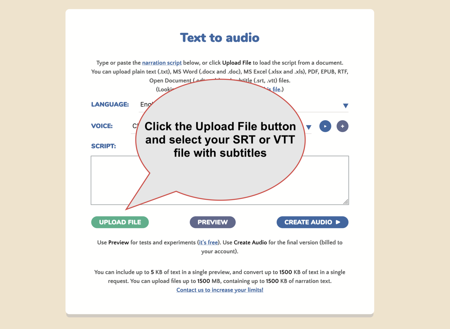 Click the upload button and select your SRT or VTT file Click the upload button and select your SRT or VTT file