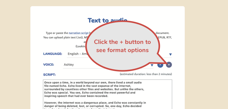 Additional options show text to speech MP3 format Additional options show text to speech MP3 format
