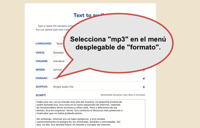 Las opciones adicionales muestran el formato de texto a voz MP3. Las opciones adicionales muestran el formato de texto a voz MP3.