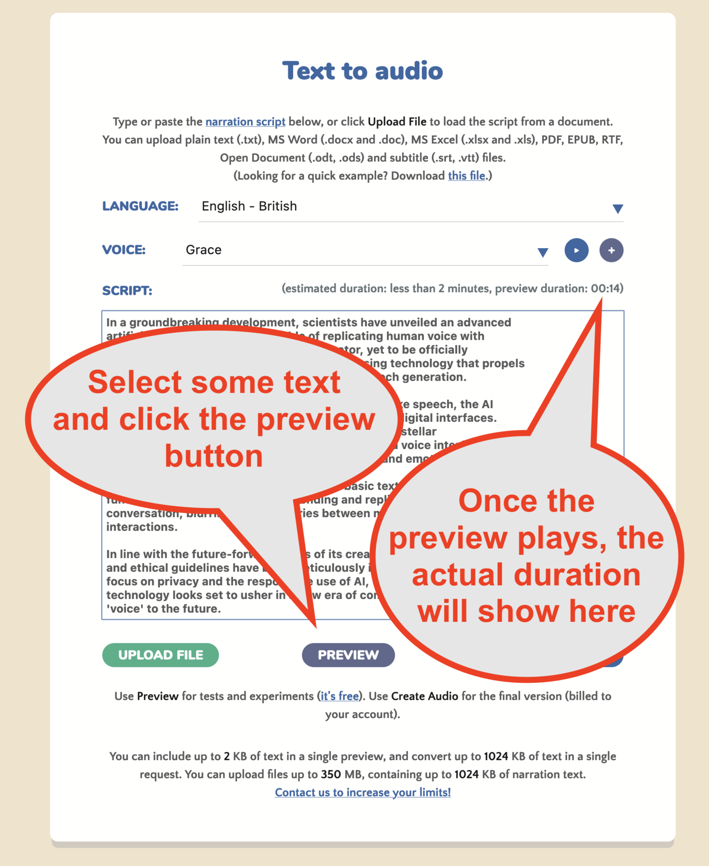 Calculate text to speech duration using previews Calculate text to speech duration using previews