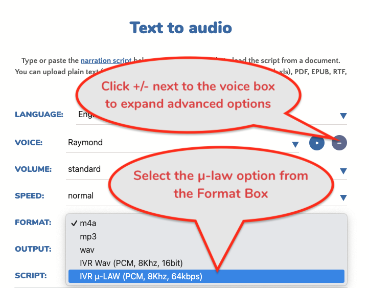 select mu-law from audio format options select mu-law from audio format options