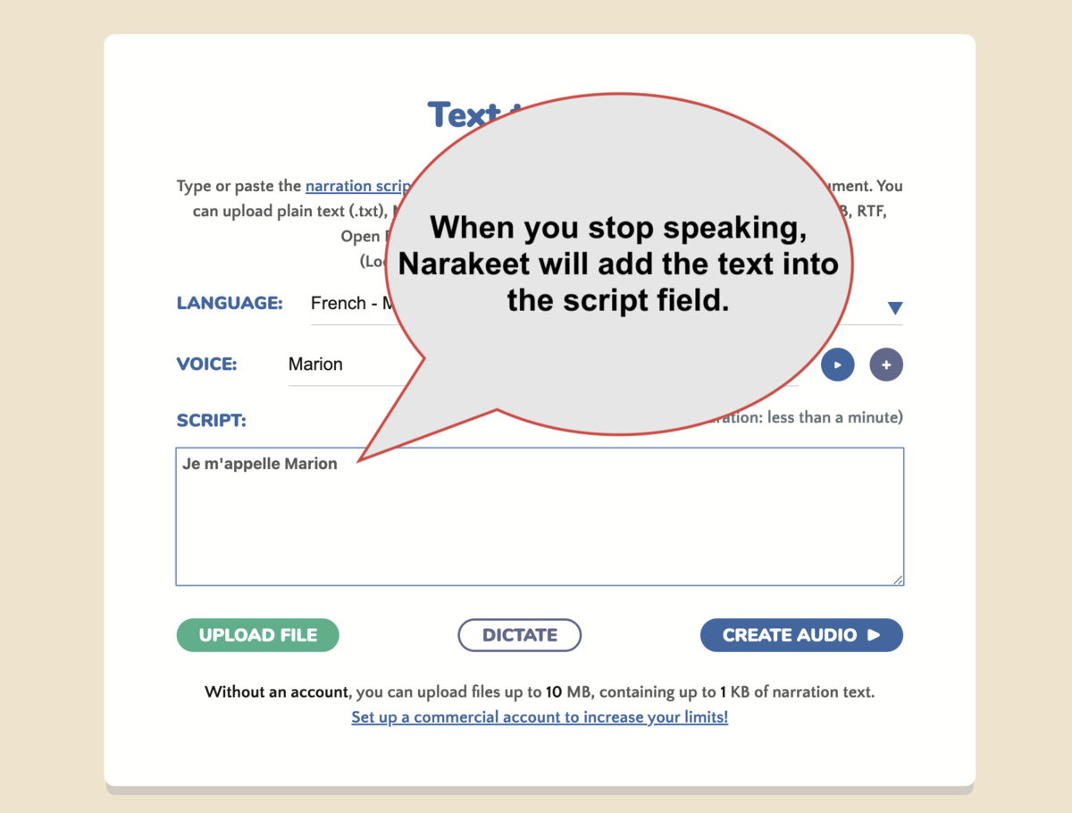 When you stop dictating, Narakeet will convert speech to text and add the text into the script field. When you stop dictating, Narakeet will convert speech to text and add the text into the script field.